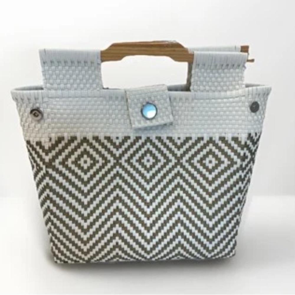 Woven Plastic Tote, White And Gold,  Geometric, Wooden Handles- Market/Beach Bag